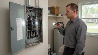 Electrician performing a whole-home electrical inspection in Floyds Knobs, IN, near Louisville, KY
