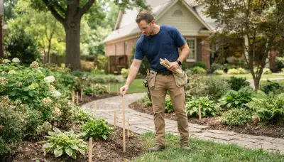 Landscape lighting technician stakes fixture locations along a pathway in Louisville, KY before trenching